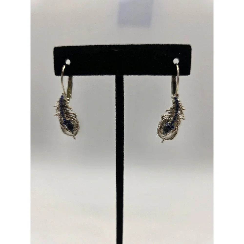 Silver‎ Tone Blue Crystal Scorpion Drop Earrings Lever Back Gothic Statement